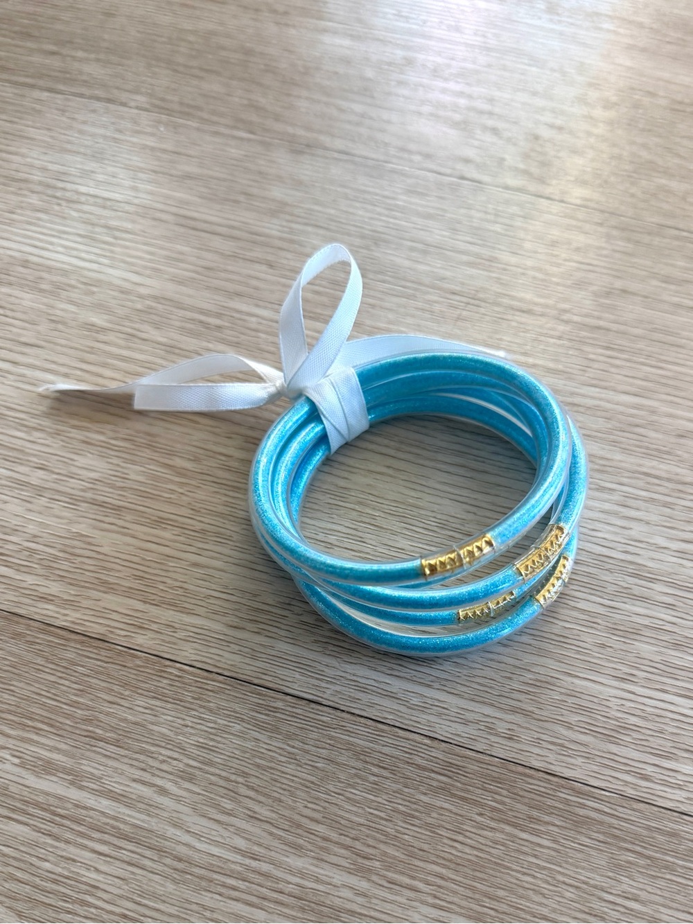 Glitter Jelly Bangle Bracelets Set of 5 Aqua All Weather Filled Tube Jewelry
